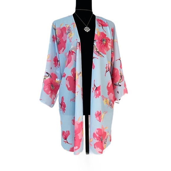 Beach Wear Other - #47 KIMONO ~ Lightweight Baby Blue and Pink Floral Kimono Cover Up size OS